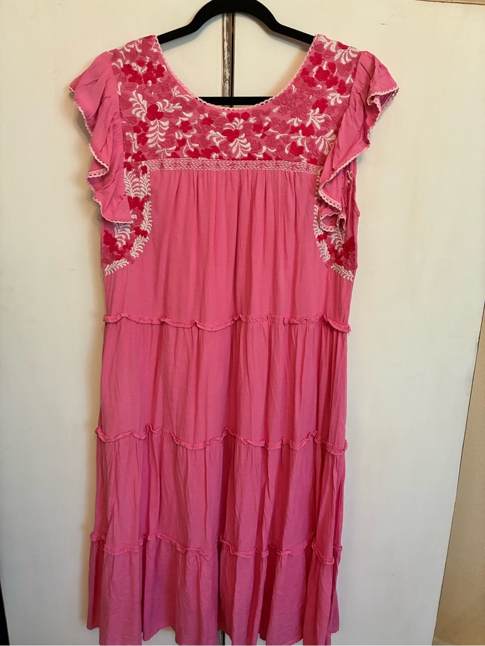 Pink Embroidered Ruffled Midi Dress